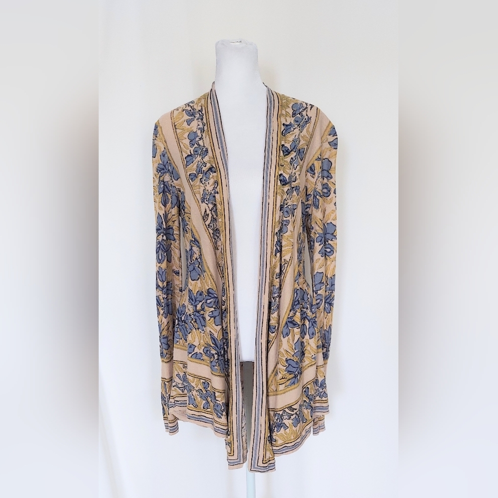 Anthropologie Guinevere Pointed Tapestry Linen Blend Cardigan Blue Tan Sz Small